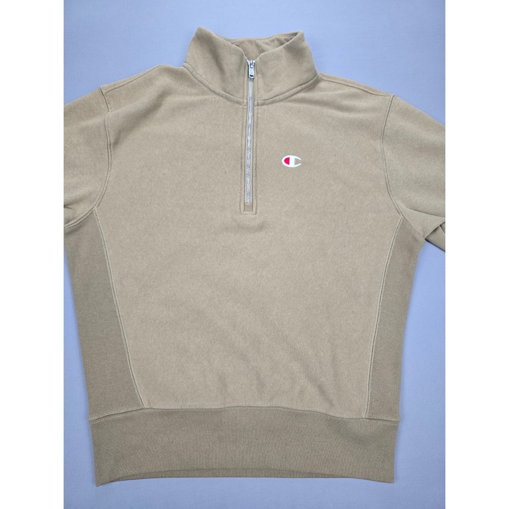 Champion Reverse Weave Khaki Mock Neck 1/4 Zip Cotton Sweatshirt - Small